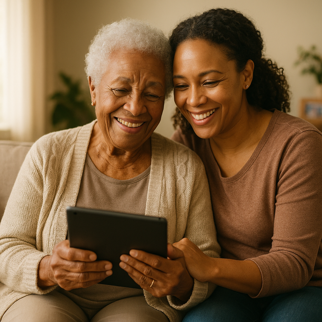 Senior woman using tablet with her daughter, showing warmth and connection through technology